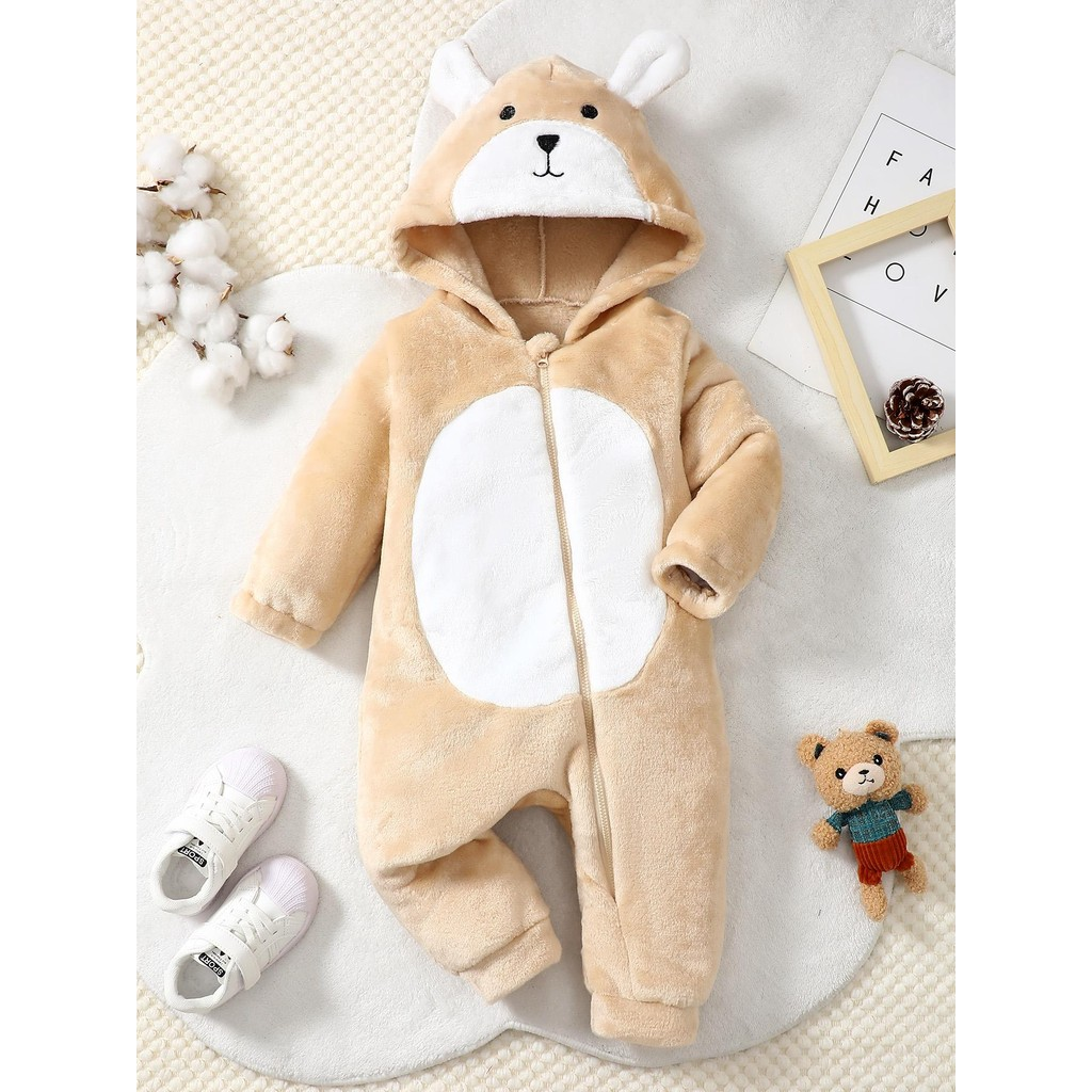 0-18 Months Toddler Baby Boy  Long Sleeved Beige Hooded Cute Ears Romper Warm Fashionable Casual Winter Jumpsuit Clothing