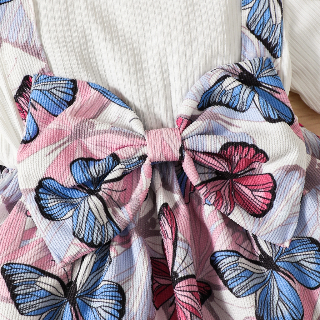 【 3-24 months 】 Girl's Blue Pink Butterfly Dress Set | Strap Skirt+White T-shirt jumpsuit | Sweet Princess Style | Baby Summer Dressing
