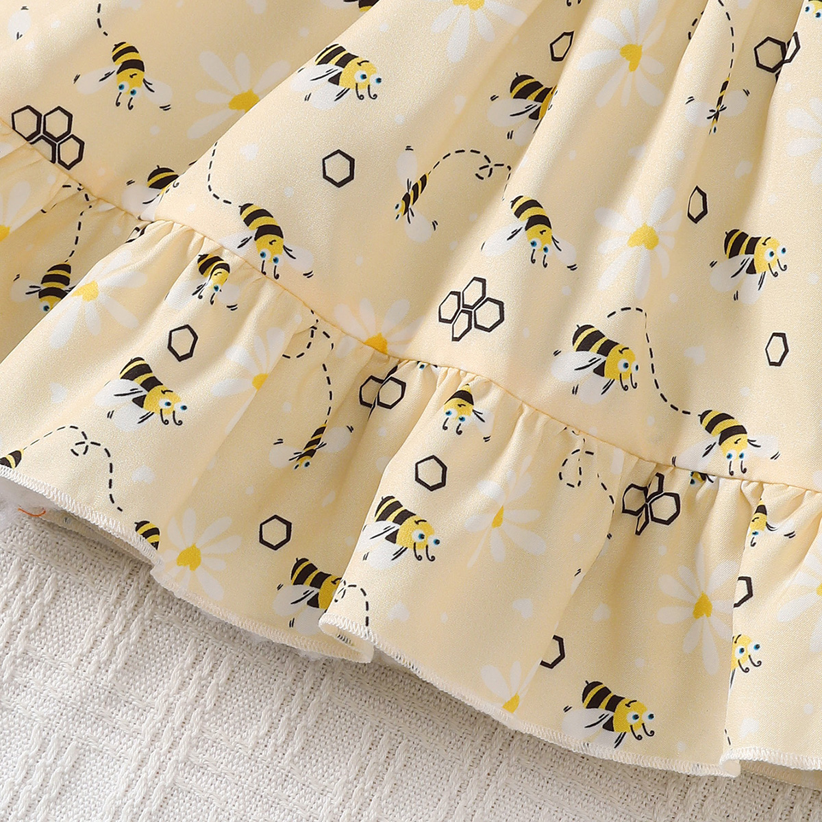 0-2 Years Baby Girl's Bee-Print Dress Set with Headband: Adorable & Breathable for Summer Play, Perfect for Infant & Toddler