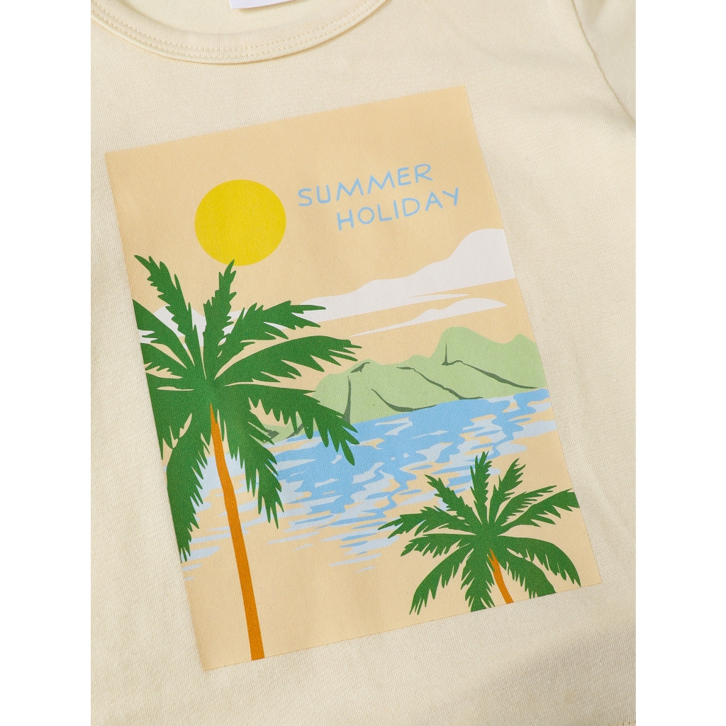 【 June -3 years old 】 Hawaiian vacation set for boys | khaki short sleeved T-shirt+blue floral shorts+matching printed hat | Summer island style baby set