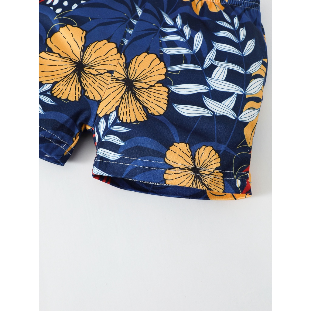 【3-24M】 2Pcs Baby Boy Summer Outfit: Yellow Sleeveless Vest with Floral Pocket + Tropical Floral Print Shorts – Beach Holiday Set