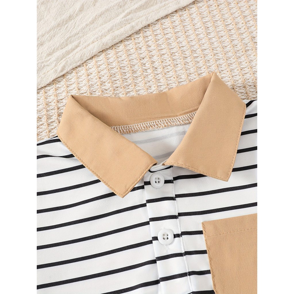 【6M-3Y】 Baby Boys 2-Piece Outfit: Striped Polo Shirt with Contrast Collar & Half-Button Placket + Solid Cargo Shorts – Trendy City Walk Set
