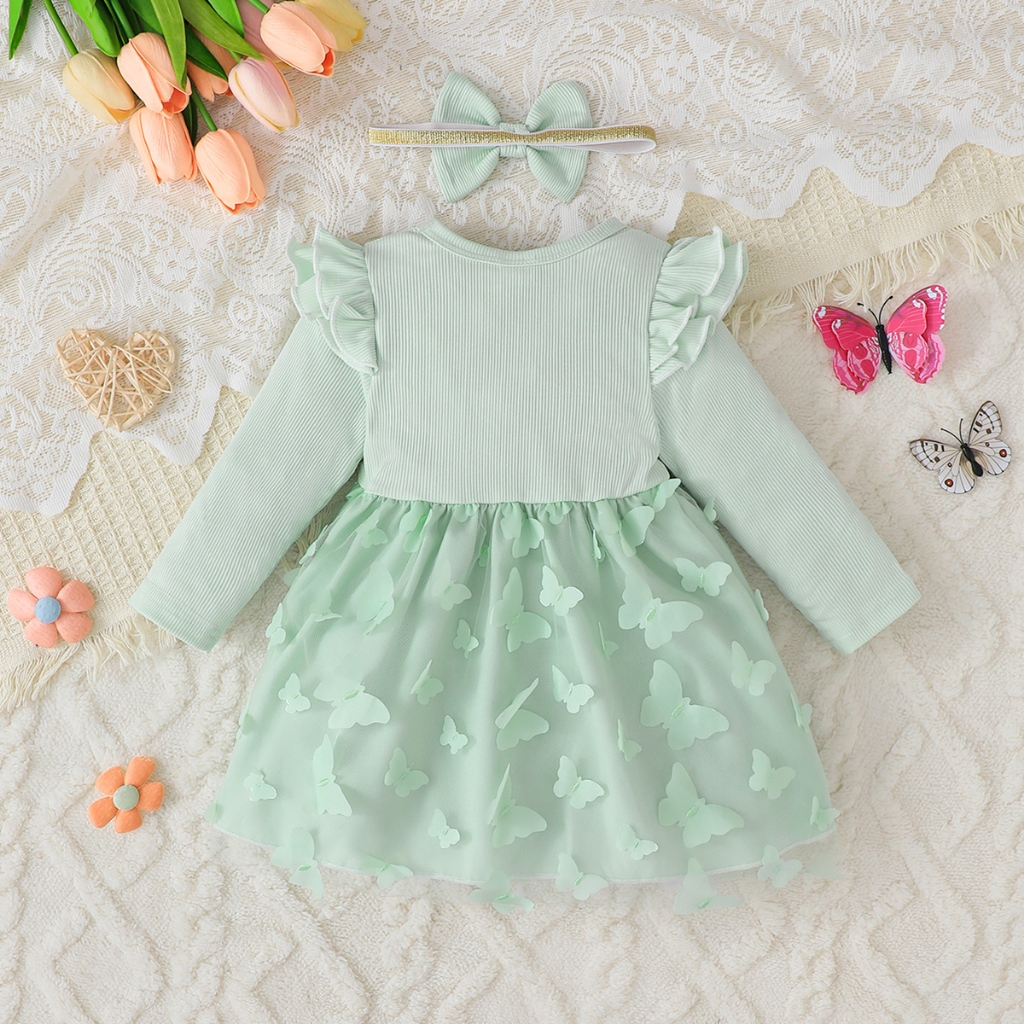 0-3Years Newborn&Toddler Baby Girl Green Butterfly Printed Mesh Dress Thick Long Sleeve Splicing Dress Banquet Dress Princess Dress Holiday