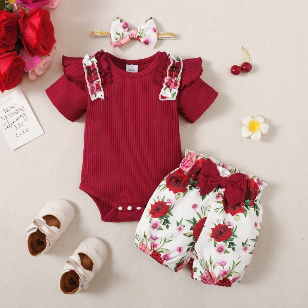 【1-18M】 3PCS Baby Girl Summer Outfit: Ribbed Red Ruffle-Sleeve Bodysuit + Floral Shorts with Bow + Matching Headband – Cute Infant Girl Clothing Set