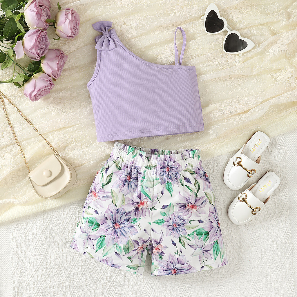 1-8 Years Kids Girl Summer 2pcs Clothing Set Solid Color Purple One Shoulder Tops with Floral Shorts Pastoral Fashion Leisure Style Baby Girl Casual Costumes