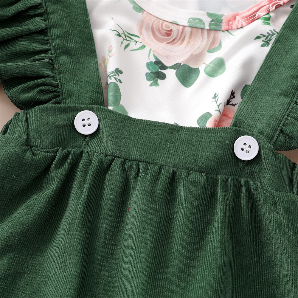 【1-9M】 3PCS Baby Girl Outfit: Floral Print Ruffle-Sleeve Bodysuit + Green Ruffle Suspender Skirt + Matching Headband – Spring & Autumn Daily Set