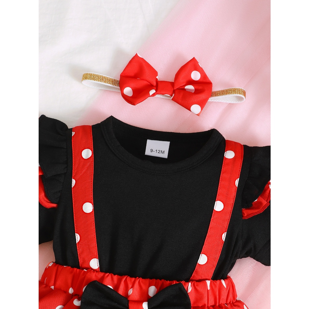 1-18 Months Todddler&Newborn Baby Girl Red and Black Polka Dot Jumpsuit Black Short Sleeved Top red Polka Dot Skirt Pants Cute Baby Dress Set