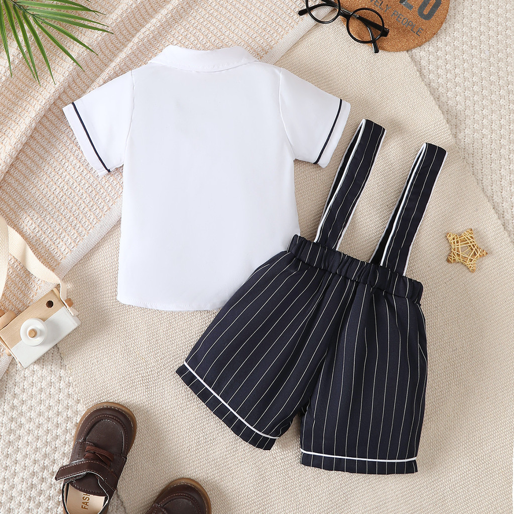 2PCS Gentleman Outfit for 6M-3Y Baby Boys, Old Money Style Short Sleeve Top with Bowtie + Suspender Shorts, Infant Gentleman Clothes Set
