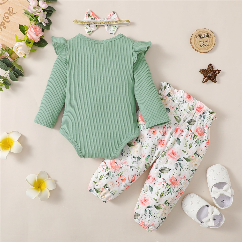 【 0-18 months 】Girl's Green Lace Ruffle Floral Print 3PCS Outfit | Spring Baby Princess Romper Set | Sweet Floral & Ribbed Design | Casual Flared Pants & Headband | Breathable and Comfortable