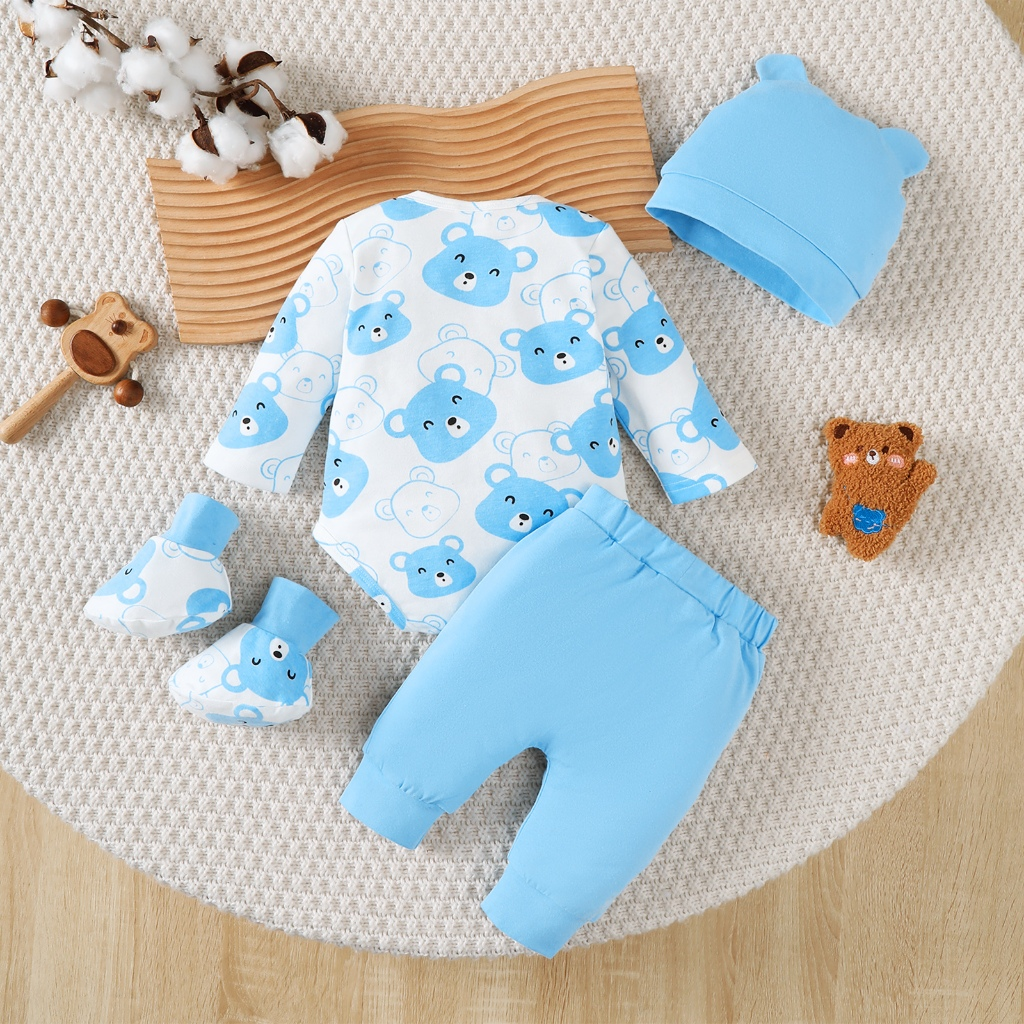 【 0-9 Months 】 Newborn White Bear Hat 3-piece Set | Blue Printed jumpsuit+pants+hat | Baby Full Moon Gift Set | Pure Cotton Newborn Clothing