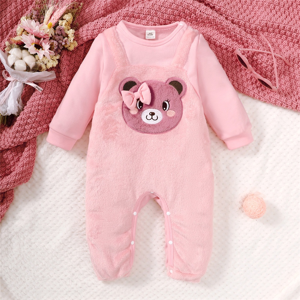3-24 Months Baby Girl Pink Bear Print Long Sleeve Romper Cute Fashion Wear