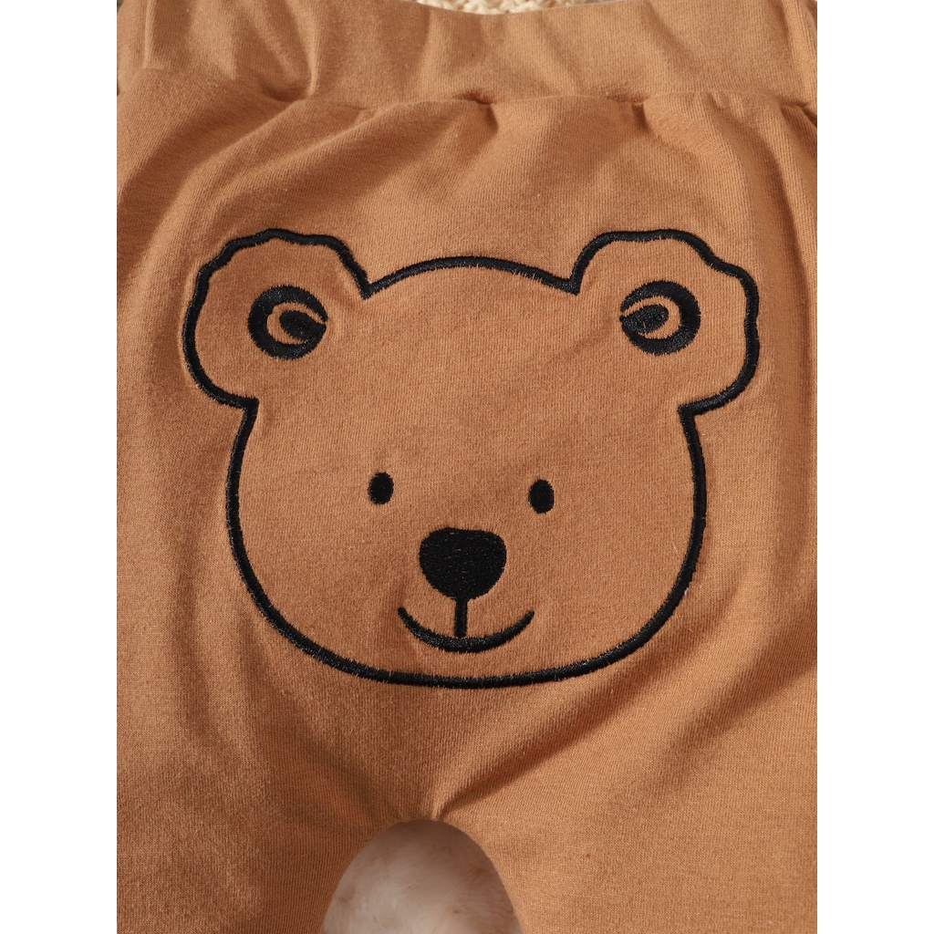 【0-9 Months】 Newborn Baby 4PCS Bear Print Outfit | Short-Sleeve Bodysuit + Solid Color Pants + Hat + Footies | Cute & Casual Daily Wear