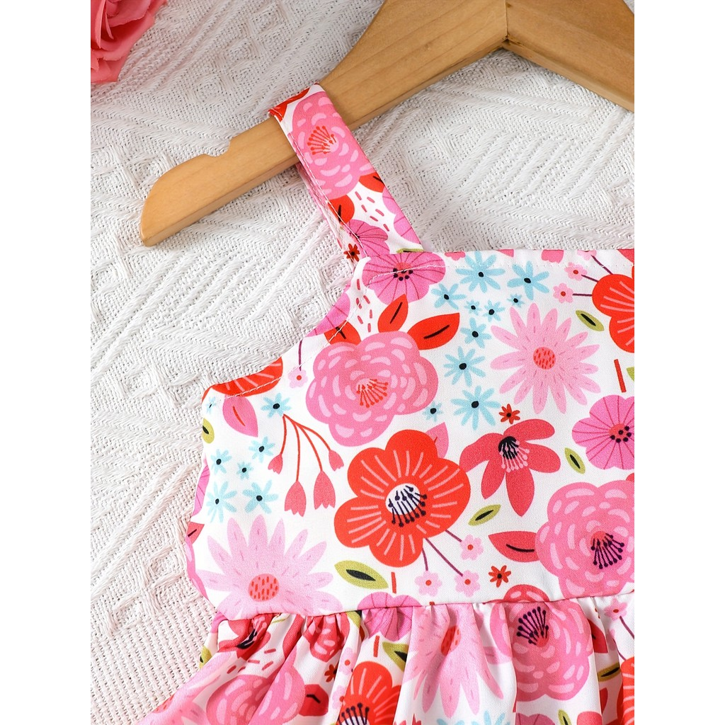 【3M-3Y】 Resort-Ready 2-Piece Set for Baby Girls: Allover Floral Spaghetti Strap A-Line Dress + Matching Sun Hat – Vacation-Chic Style