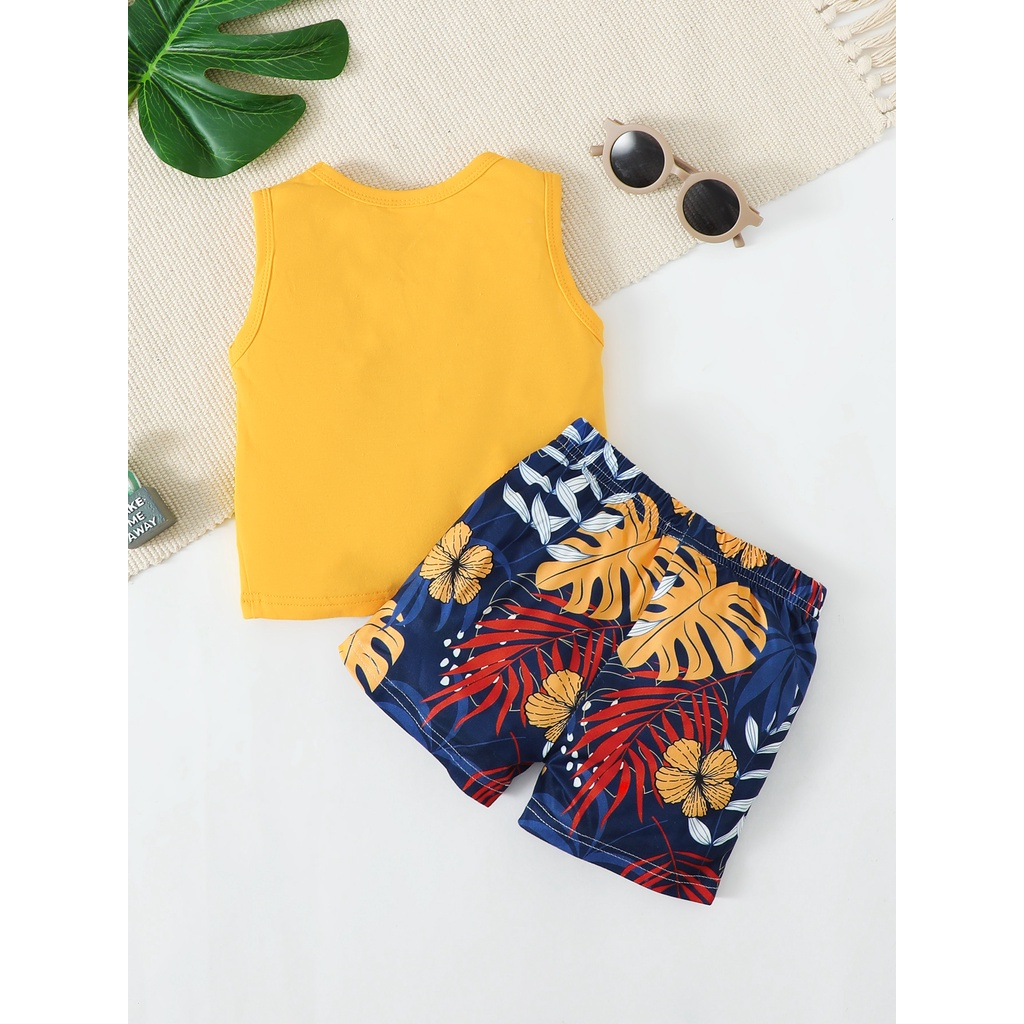 【3-24M】 2Pcs Baby Boy Summer Outfit: Yellow Sleeveless Vest with Floral Pocket + Tropical Floral Print Shorts – Beach Holiday Set