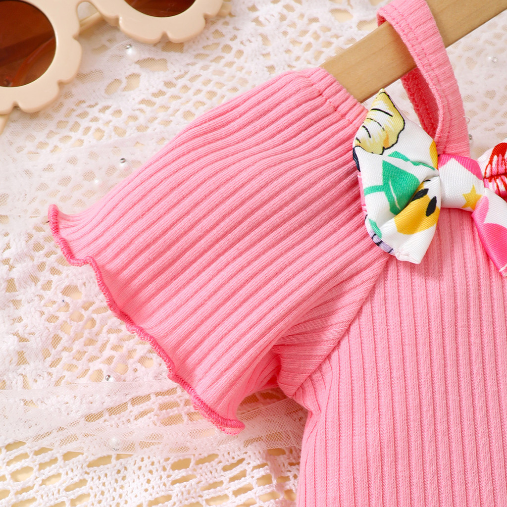 【6M-3Y】 Toddler Baby Girl 2-Piece Summer Set | Ribbed Off-Shoulder Top with Bows + Floral Print Shorts - Cute Casual Outfit