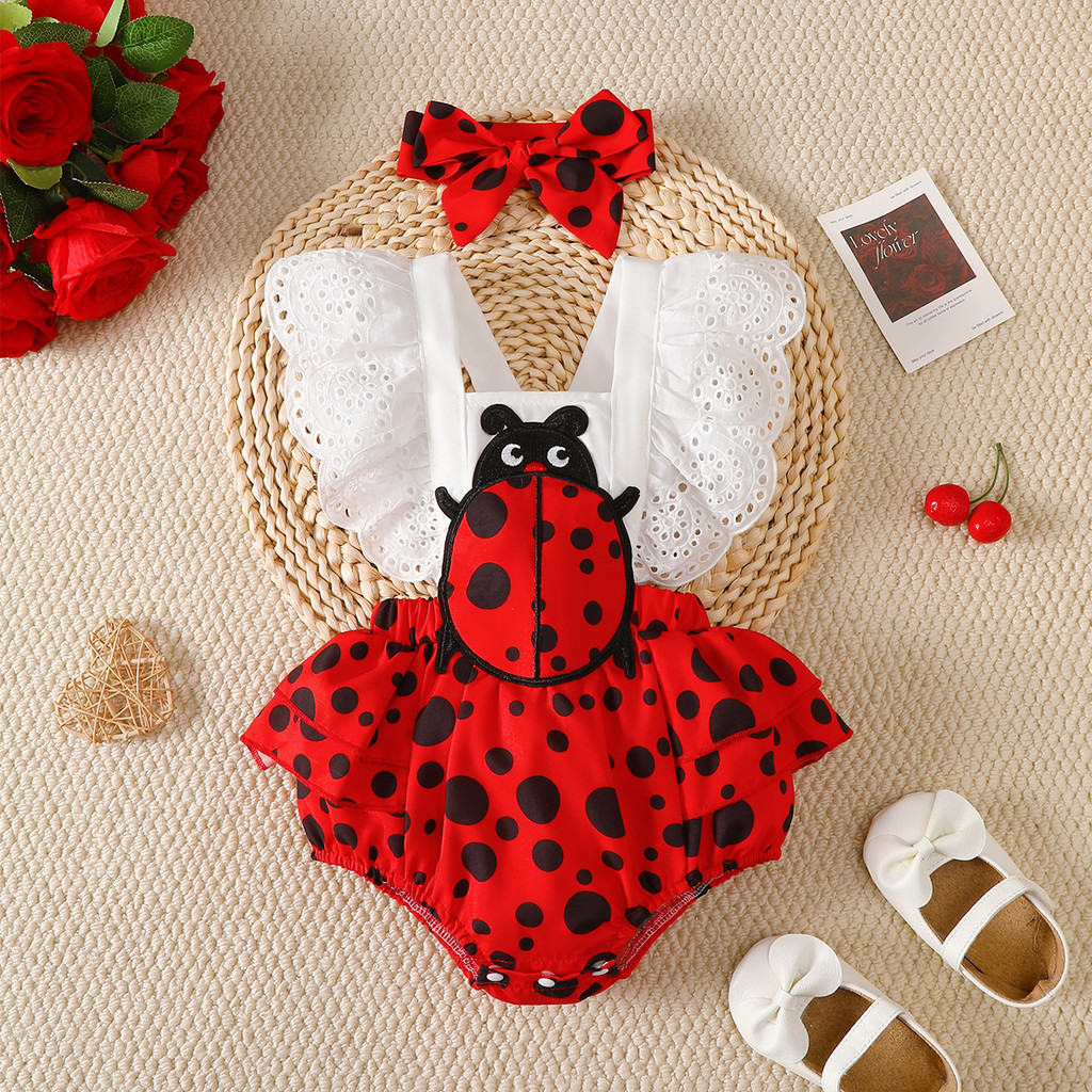 0-2 Years Girls' White & Red Lace-Trimmed Romper with Detachable Bow for Daily Wear & Special Occasions