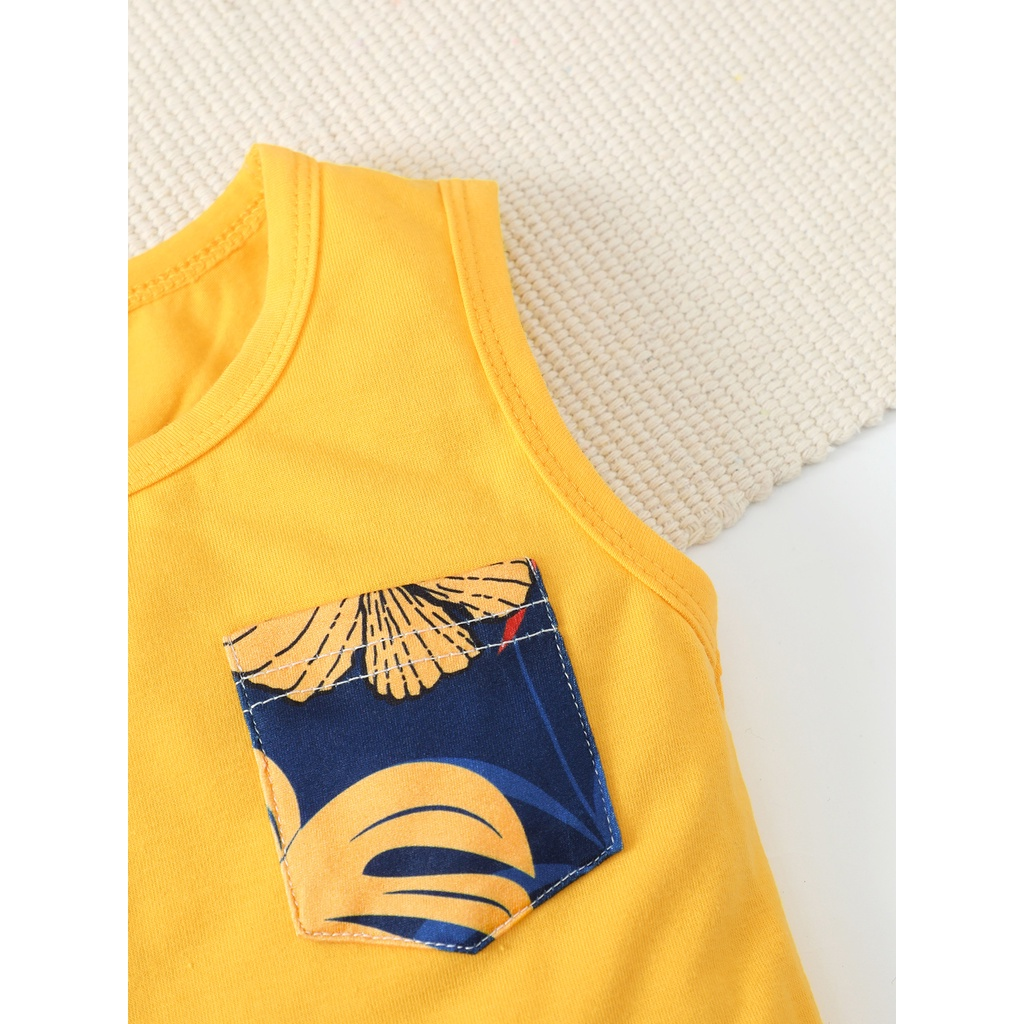 【3-24M】 2Pcs Baby Boy Summer Outfit: Yellow Sleeveless Vest with Floral Pocket + Tropical Floral Print Shorts – Beach Holiday Set