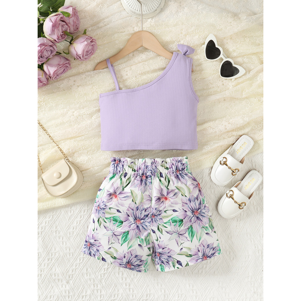 1-8 Years Kids Girl Summer 2pcs Clothing Set Solid Color Purple One Shoulder Tops with Floral Shorts Pastoral Fashion Leisure Style Baby Girl Casual Costumes
