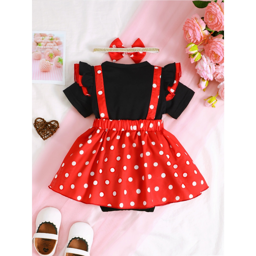 1-18 Months Todddler&Newborn Baby Girl Red and Black Polka Dot Jumpsuit Black Short Sleeved Top red Polka Dot Skirt Pants Cute Baby Dress Set