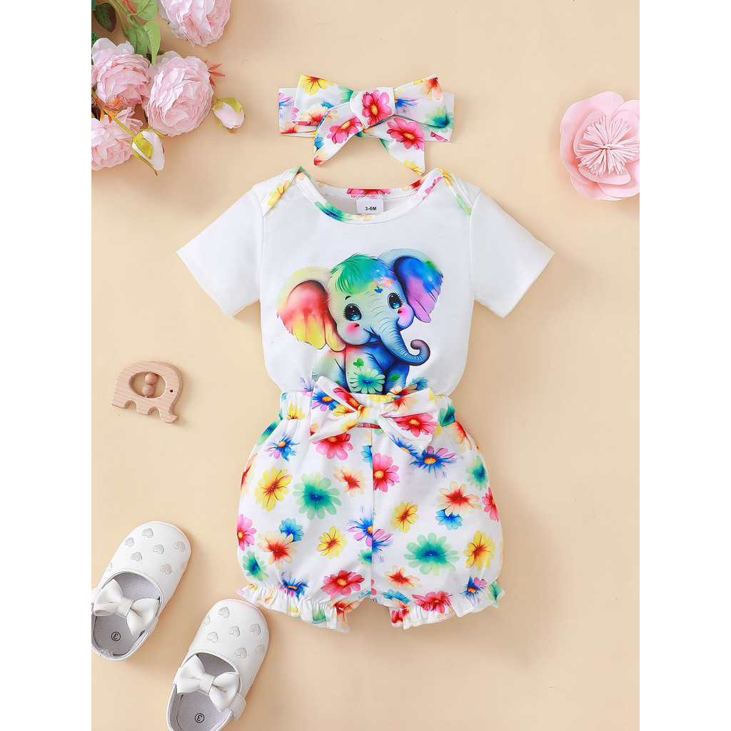0-24 Months Newborn Baby Girls Short Sleeved Jumpsuits 3pcs Printed Flowers Shorts + Bowknot Headband Baby Girl Summer Clothes Set Holiday Style Birthday Party Outfit