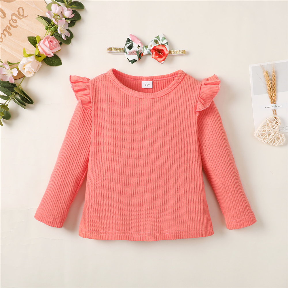 1-6 Years Girls' Sweet Coral Orange Outfit with Ruffled Sleeves & Floral Print Pants, Bowknot Waist, Comfortable Two-Piece Set for Daily Wear & Outdoor Play
