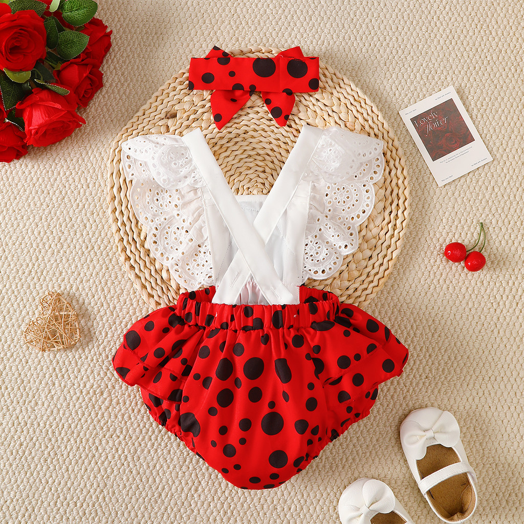 0-2 Years Girls' White & Red Lace-Trimmed Romper with Detachable Bow for Daily Wear & Special Occasions