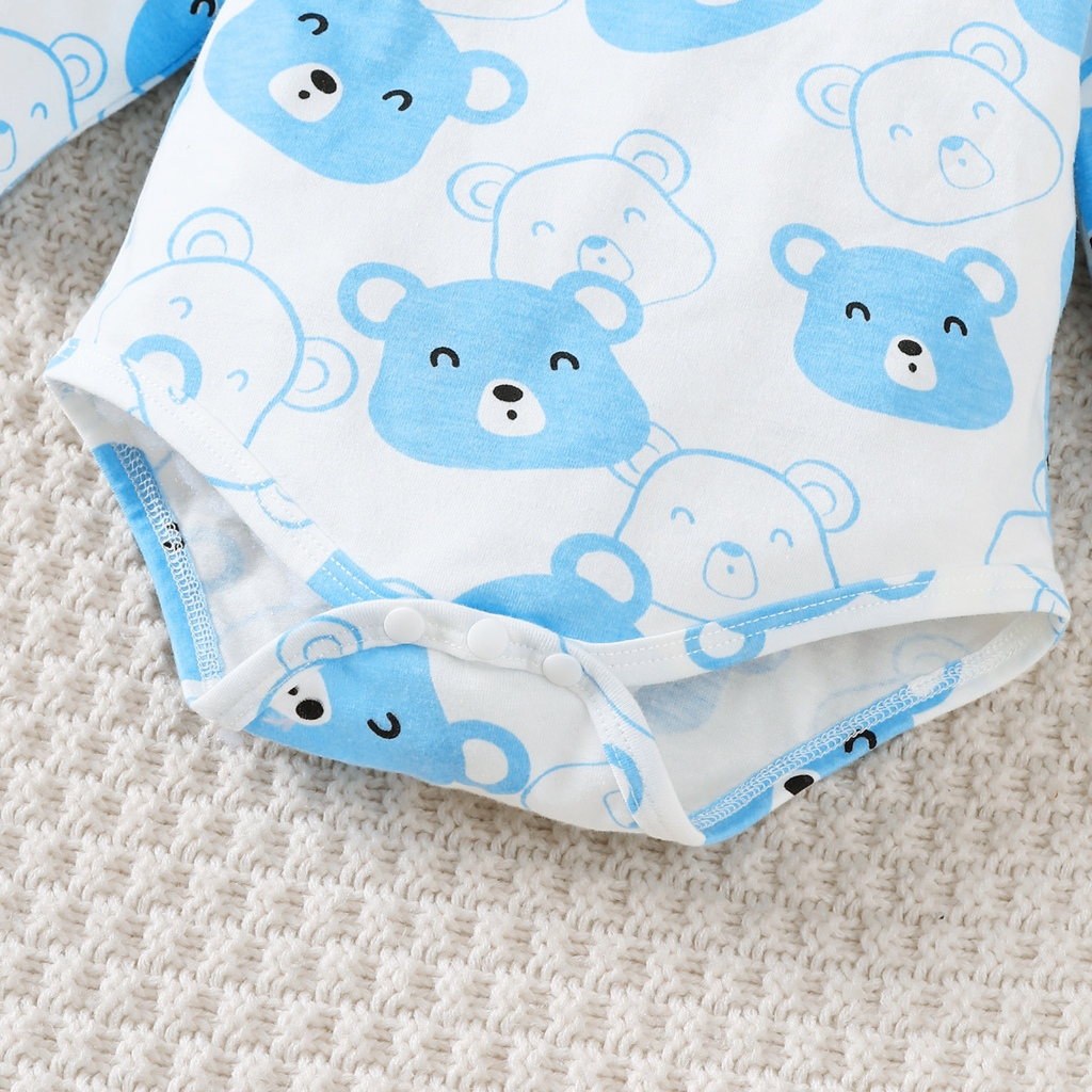 【 0-9 Months 】 Newborn White Bear Hat 3-piece Set | Blue Printed jumpsuit+pants+hat | Baby Full Moon Gift Set | Pure Cotton Newborn Clothing