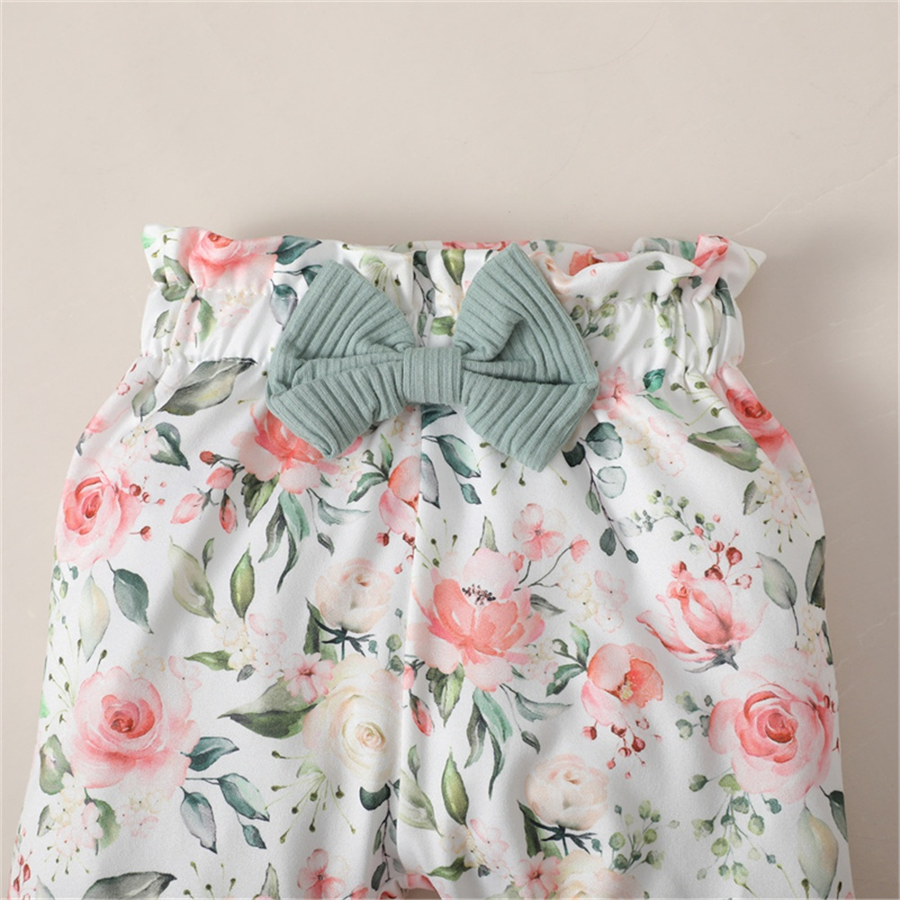 【 0-18 months 】Girl's Green Lace Ruffle Floral Print 3PCS Outfit | Spring Baby Princess Romper Set | Sweet Floral & Ribbed Design | Casual Flared Pants & Headband | Breathable and Comfortable