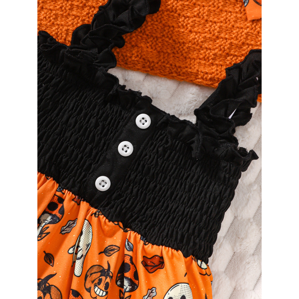 0-3 Years Infant Baby Girl Halloween Sleeveless Pumpkin Print Sling Dress with Headband Holiday Stylep Halloween Costume
