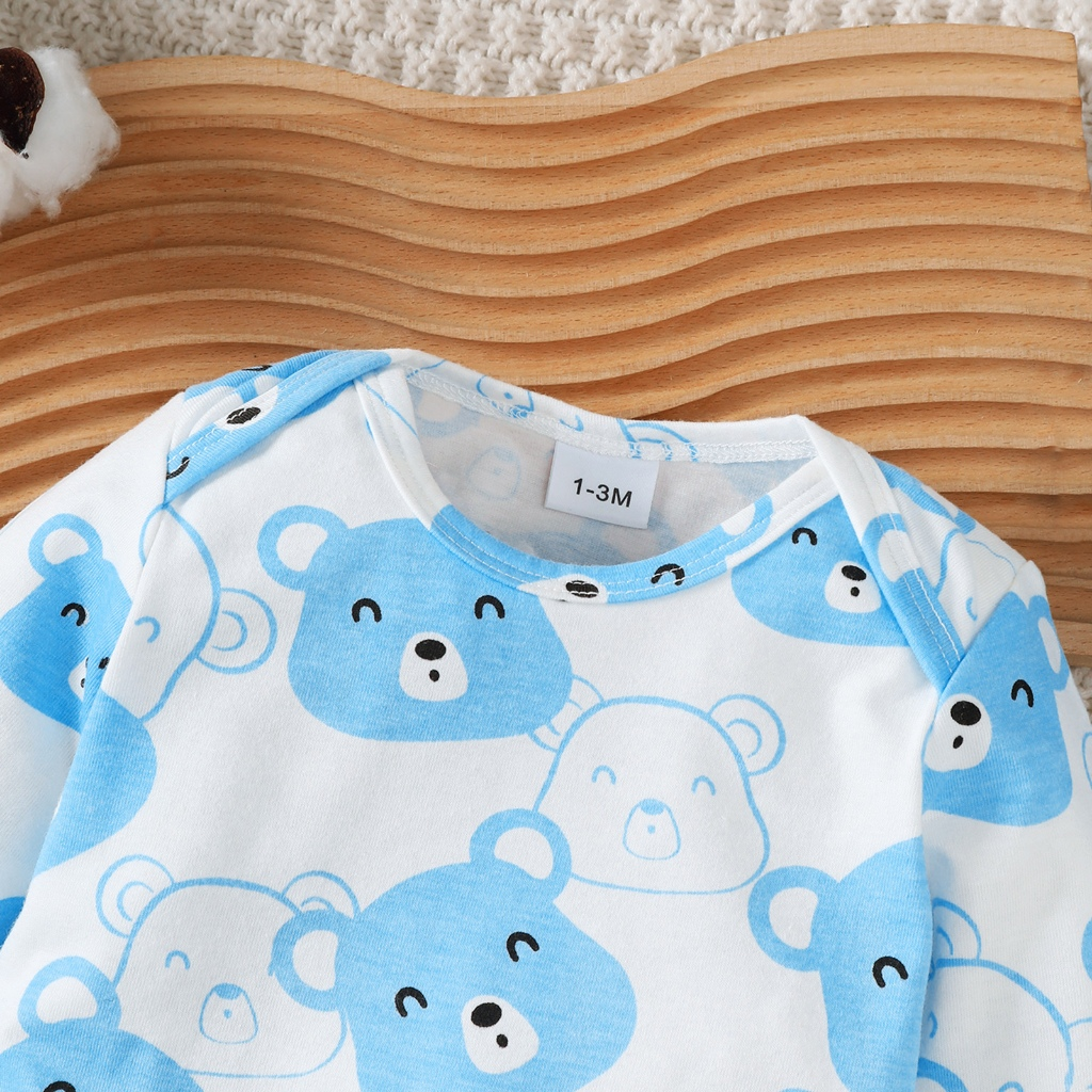 【 0-9 Months 】 Newborn White Bear Hat 3-piece Set | Blue Printed jumpsuit+pants+hat | Baby Full Moon Gift Set | Pure Cotton Newborn Clothing