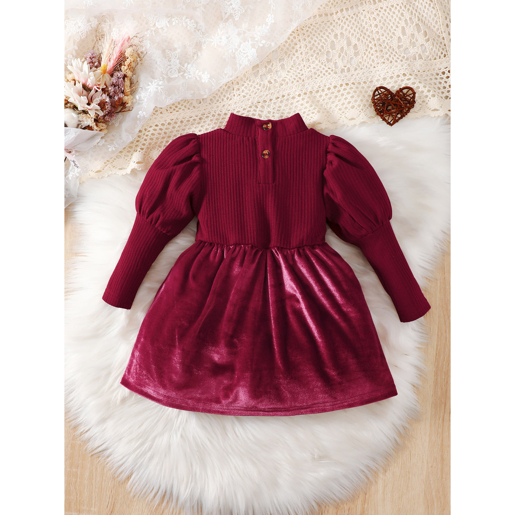 【6M-3Y】 Baby Girl Red Holiday Dress: Puff-Sleeve Ribbed Knit Top + Velvet Skirt with Bow Detail – Christmas & New Year Outfit