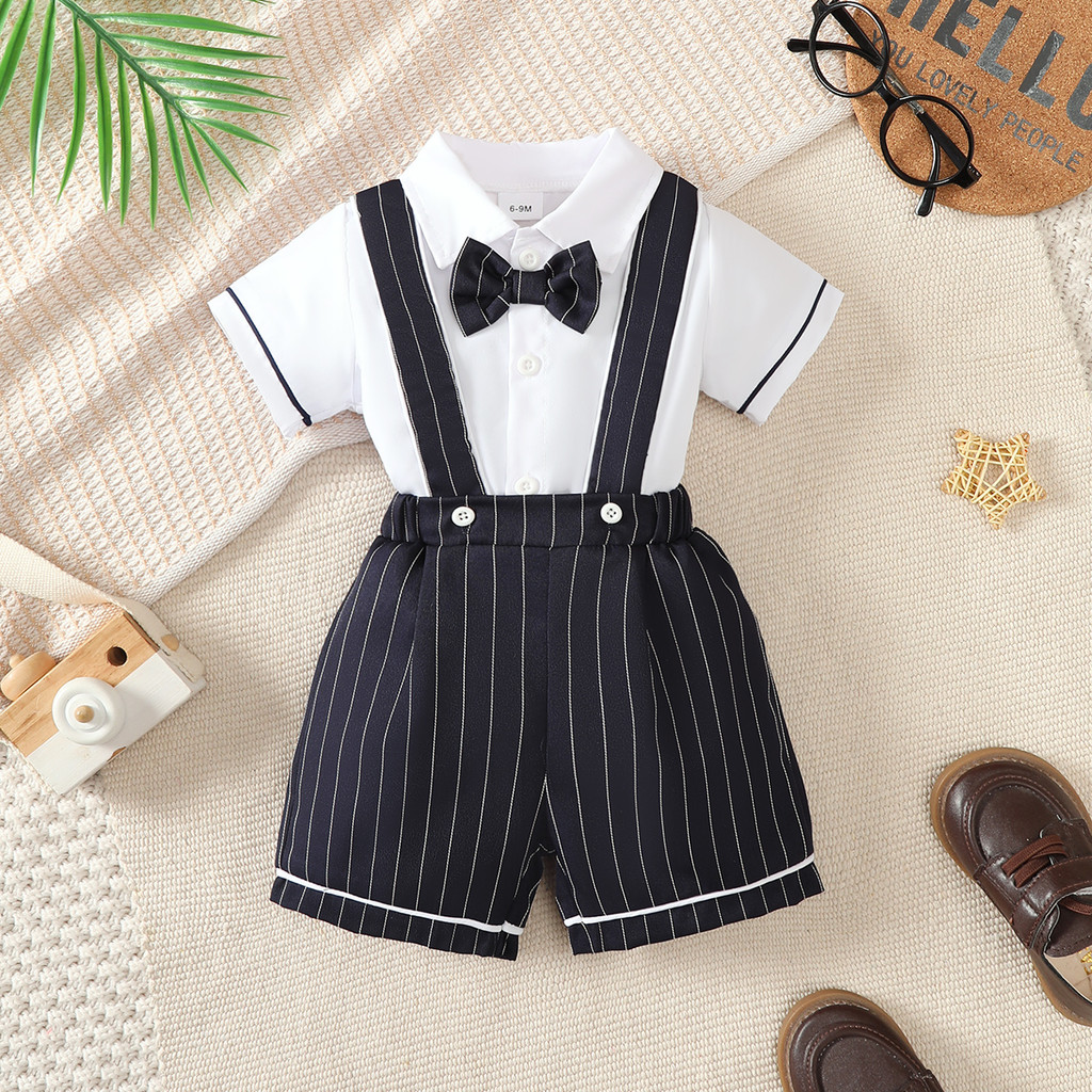 2PCS Gentleman Outfit for 6M-3Y Baby Boys, Old Money Style Short Sleeve Top with Bowtie + Suspender Shorts, Infant Gentleman Clothes Set