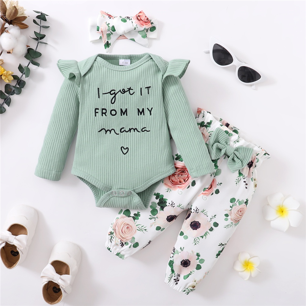【 0-18 months 】Girl's 3PCS Floral Print Ribbed Outfit | Baby Ruffle Sleeve Romper Set | "I Got It From My Mama" Embroidery | Sweet Casual Trousers & Headband | Breathable Newborn Clothing