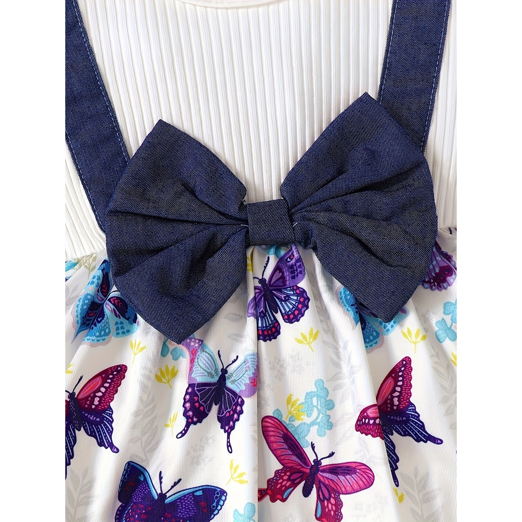 【0-3Years】 Baby Girl 2-Piece Set | Butterfly Print Peplum Top + Denim-Look Flare Pants - Cute Casual Outfit