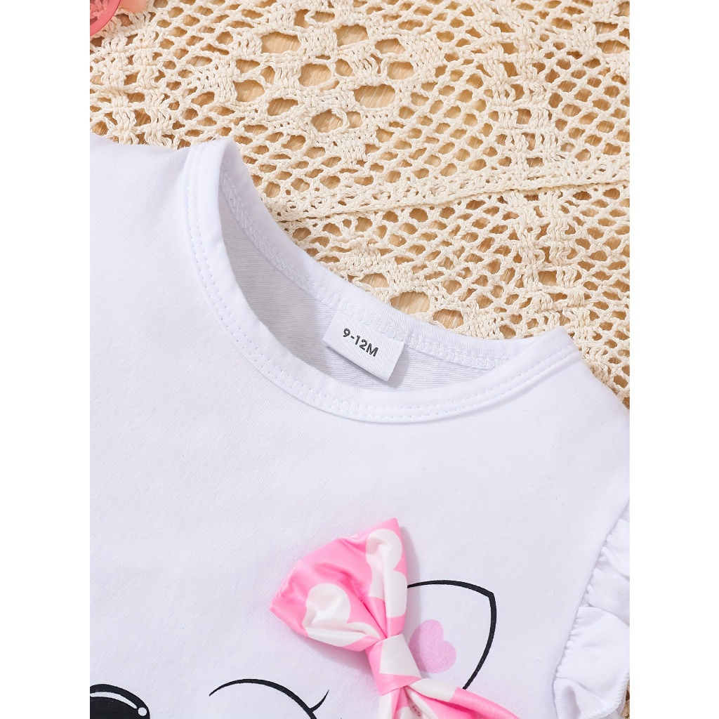 【 June to 3 years old 】 Girls' summer outfit set | White cat sleeveless top+pink heart-shaped polka dot shorts | Baby casual sports set | Sweet and cute baby clothes