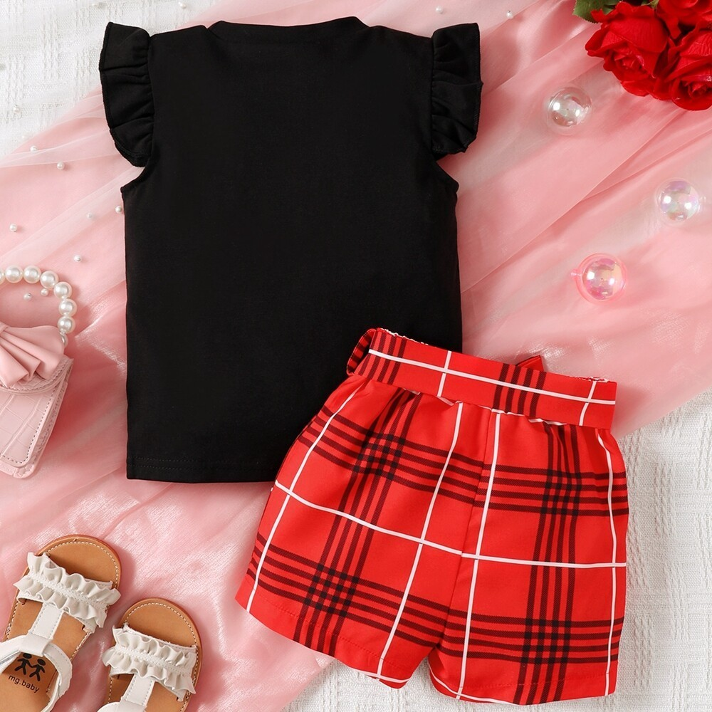 3-24 Months Toddlers Baby Girl 2PCS  Suit Set Short Sleeved Black Fly Sleeve Plaid Bow Print Shirt with Shorts Fashion  for Kid Girl Casual Costumes