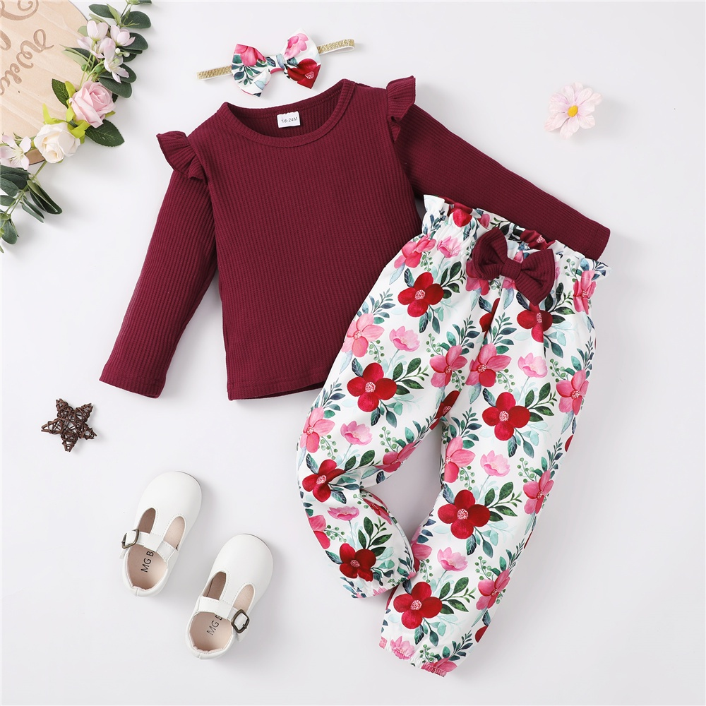 Outfit for 1-5Years Kids&Newborn Baby Girl Clothes Set Plain Long Sleeve Top + Flowers Long Pant with Headband Casual Outfit