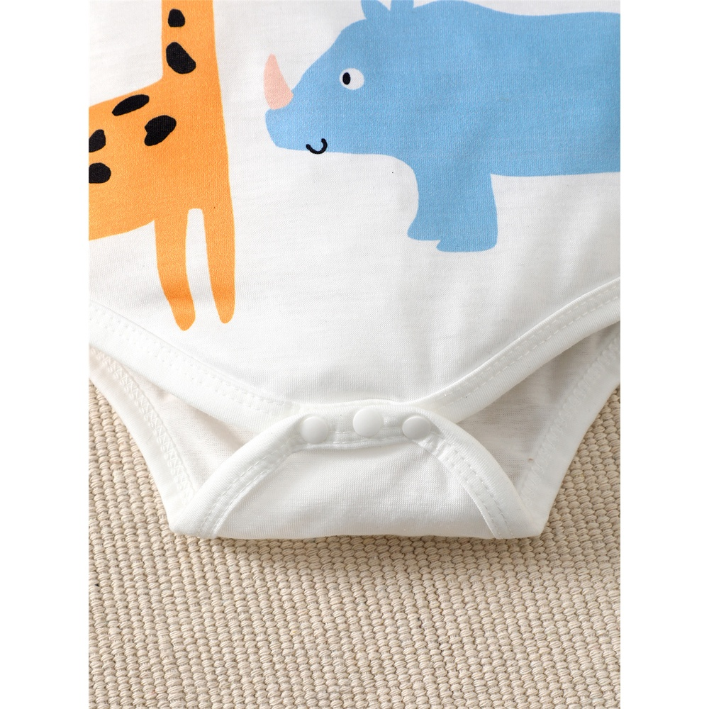 0-2 Year Old Baby Boy Cartoon Animal Print Short Sleeve Romper + Shorts + Hat 3-Piece Set, Bright Colors, Fun Design for Daily Wear & Outings