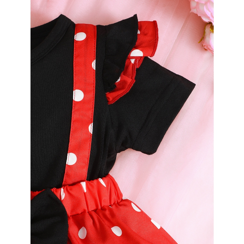 1-18 Months Todddler&Newborn Baby Girl Red and Black Polka Dot Jumpsuit Black Short Sleeved Top red Polka Dot Skirt Pants Cute Baby Dress Set
