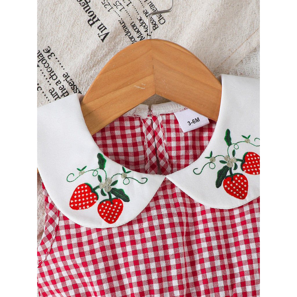 【3-24Months】 Toddler Baby Girls Sleeveless A-Line Dress with Peter Pan Collar & Strawberry Embroidery – Red-White Gingham Spring/Summer Dress
