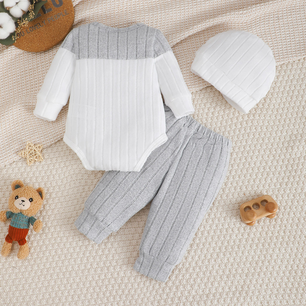 Grey and white color blocked teddy bear hat Ha Yi "newborn baby jumpsuit set for 1-18 months baby spring and autumn outdoor wear cute animal shaped children's clothing