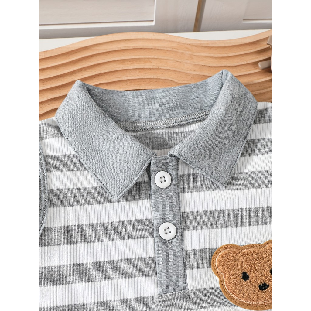 【6M-3Y】 Baby Boys 2-Piece Outfit: Striped Sleeveless Polo Tank with Bear Patch + Solid Knit Shorts – Breathable Summer Vacation Set