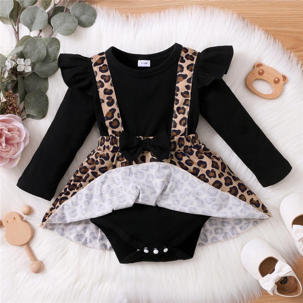 0-2 Years Girls' Chic Fake Two-Piece Leopard Print Jumper with Bow & Long Sleeve Top, Stylish Layered Outfit for Daily Play & Outings, Baby Girl Clothes
