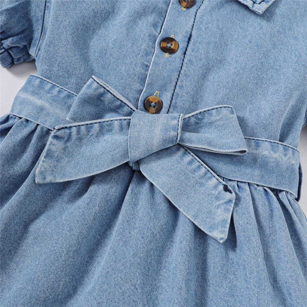 【 6 months -3 years old 】Girl's Puff Sleeve Denim Shirt Dress | Summer Baby Princess Dress | Sweet Bow Waist Design | Casual Button-Down Sundress | Breathable and Comfortable