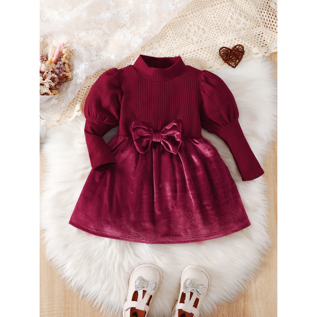 【6M-3Y】 Baby Girl Red Holiday Dress: Puff-Sleeve Ribbed Knit Top + Velvet Skirt with Bow Detail – Christmas & New Year Outfit