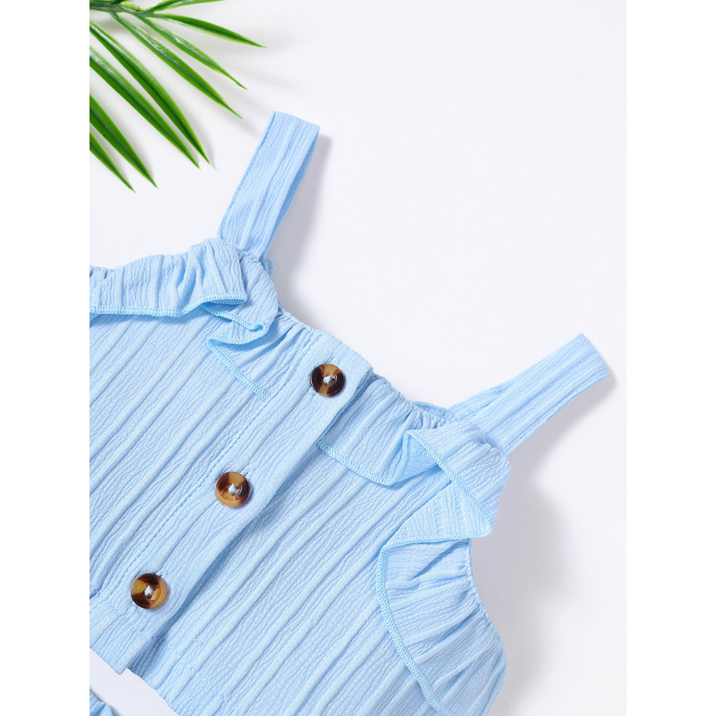 【3-24M】 2PCS Baby Girl Summer Outfit: Light Blue Ribbed Cami Top with Ruffle Trim & Faux Buttons + Matching Ruffle Shorts – Cute Casual Holiday Set
