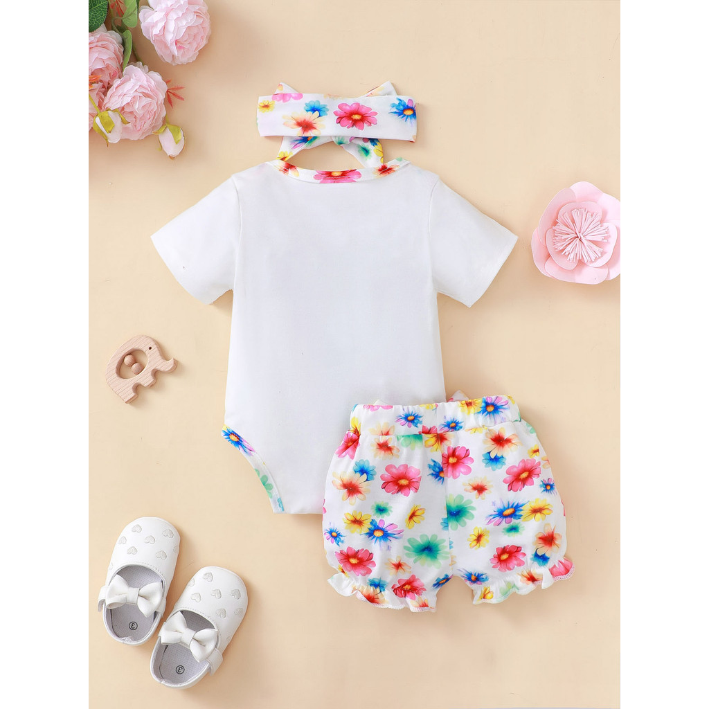 0-24 Months Newborn Baby Girls Short Sleeved Jumpsuits 3pcs Printed Flowers Shorts + Bowknot Headband Baby Girl Summer Clothes Set Holiday Style Birthday Party Outfit