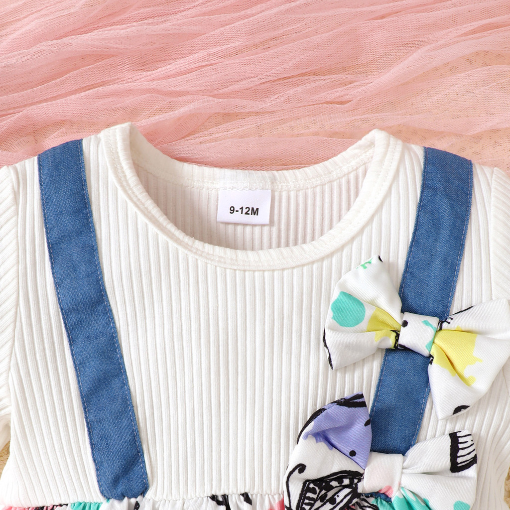 【0-3Years】 Baby Girl 2PCS Clothes Set | Butterfly Print Bow Peplum Top + Blue Denim-Look Flare Pants | Fashion Daily Wear