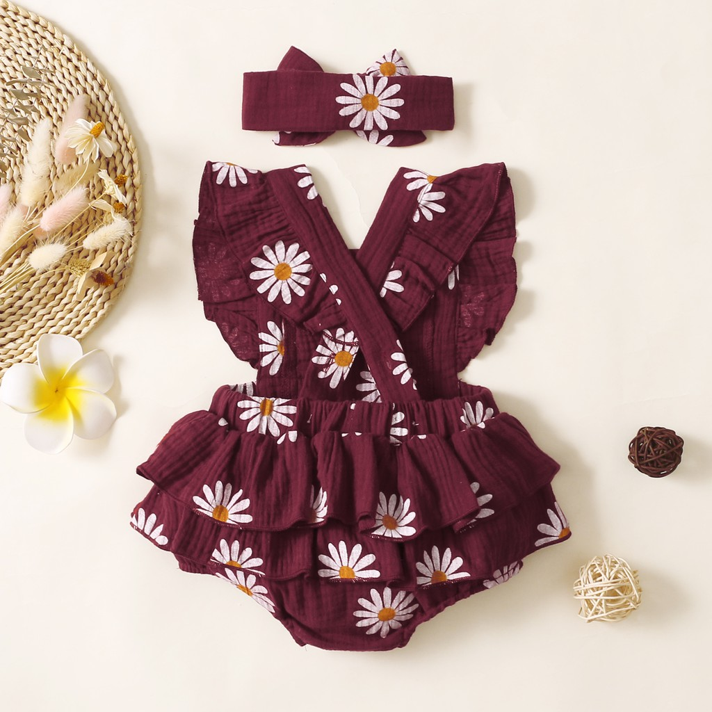 Newborn Baby Girl Romper Ruffle Fly Sleeve Cotton Romper with Headband Floral Print Outfit Clothing