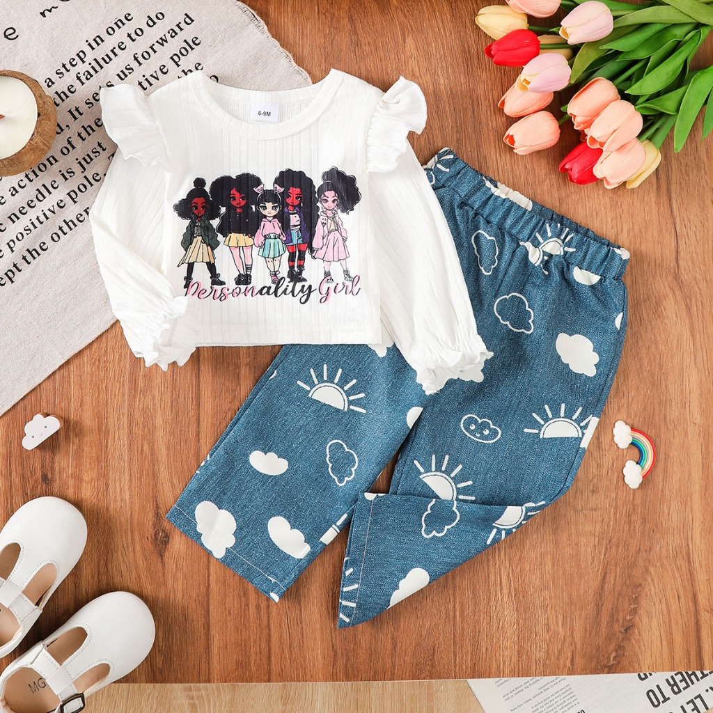 Girl's white long sleeved top+blue cloud jeans set | Cartoon girl print top | Baby casual wear | Comfortable and breathable baby clothes